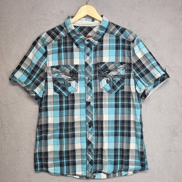 Rock Revival Shirt Mens Large Blue Plaid Button Up Western Cowboy Short Sleeve - Picture 1 of 9